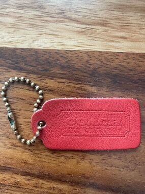 Coach vintage one sided Red Leather Tag with Brass Bead Chain
